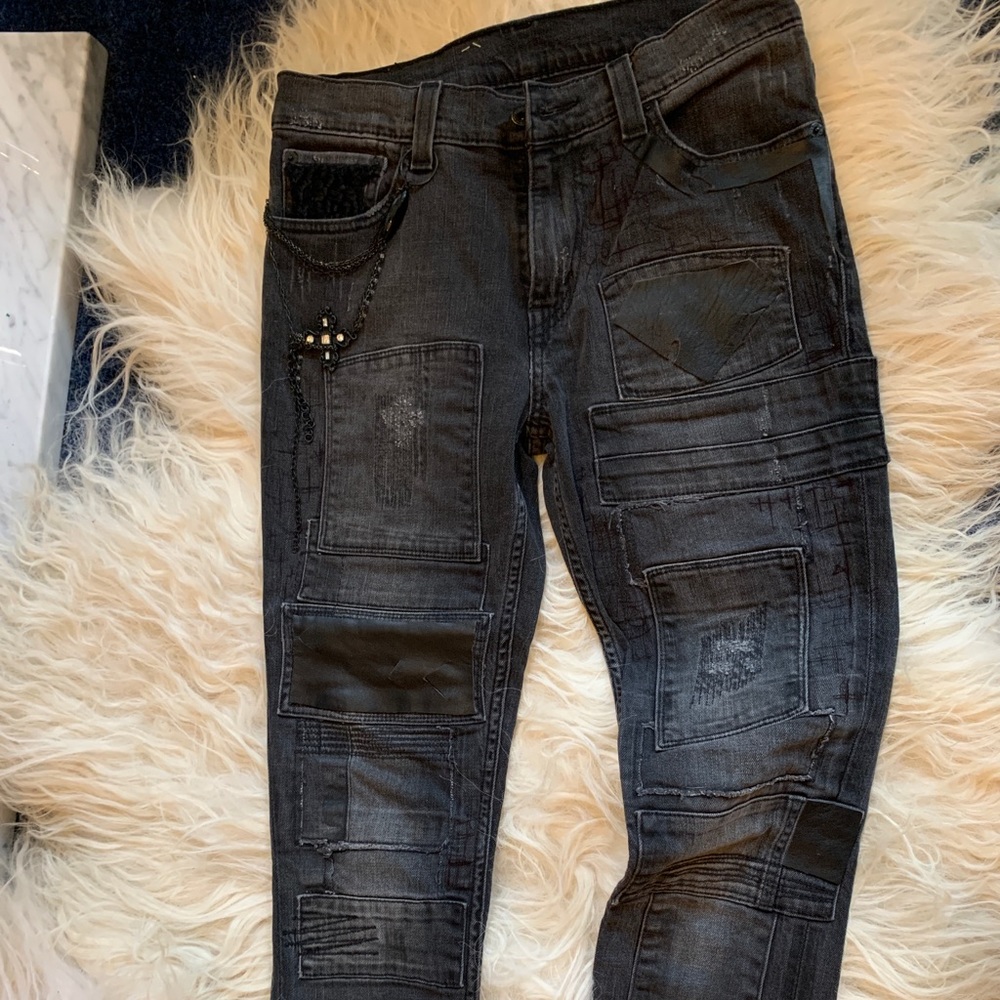 Upcycled vintage Levi’s grey patches Mongolian fur